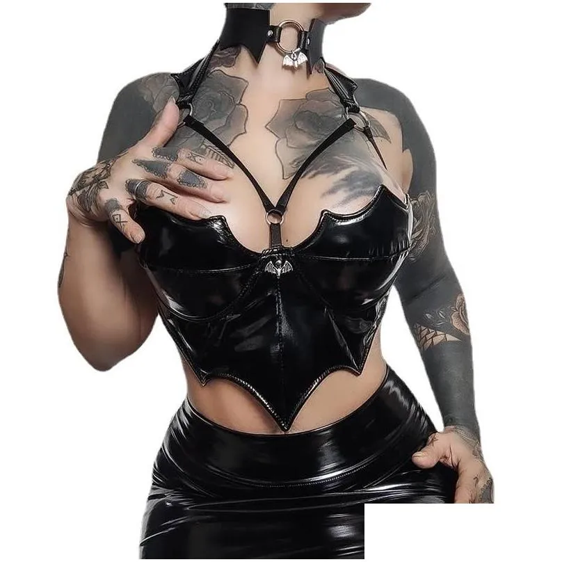 bras sets women gothic black leather crop top bat shape punk y backless bodycon lingerie night club wear chest harness camisolebras