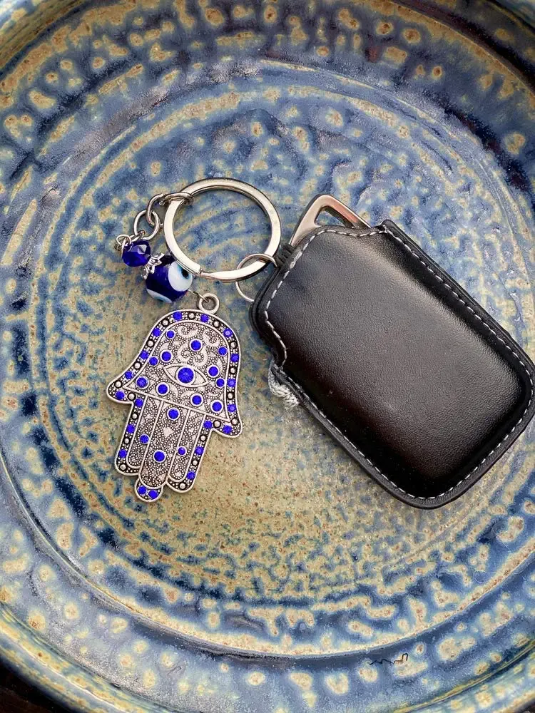 3ml luckboostium hamsa hand charm w/blue crystal evil eye keychain ring sign for good luck blessing home bags car rear view mirror hanging accessories gift for men women 1.5 x 5.5
