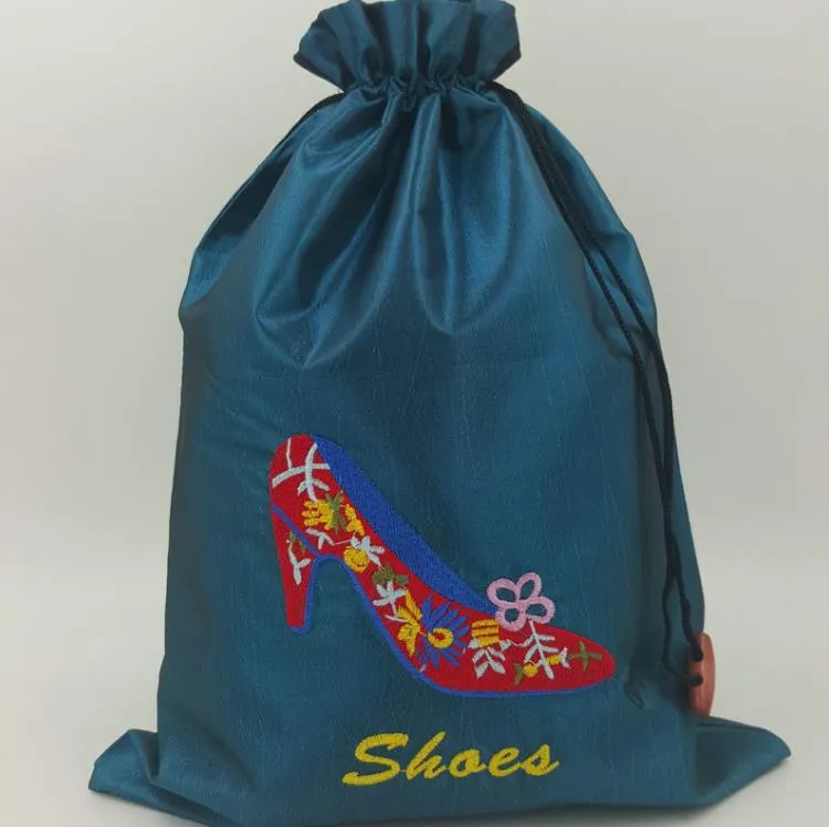 Big Embroidery High heels Shoe Pouch Bags for Travel Shoe Storage Bag Portable Chinese Silk Drawstring Women-Shoe dust-Bags with lined SN4874