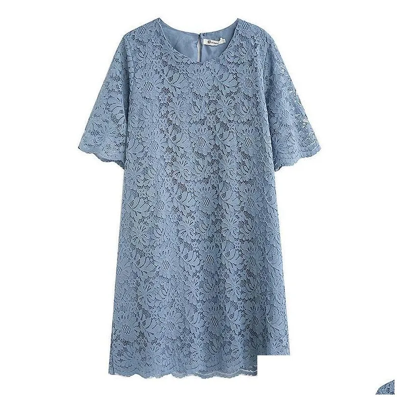 plus size dresses summer loose lace round neck mid dress all match basic black oversized large big 3xl 4xl 5xl half sleeve hollow