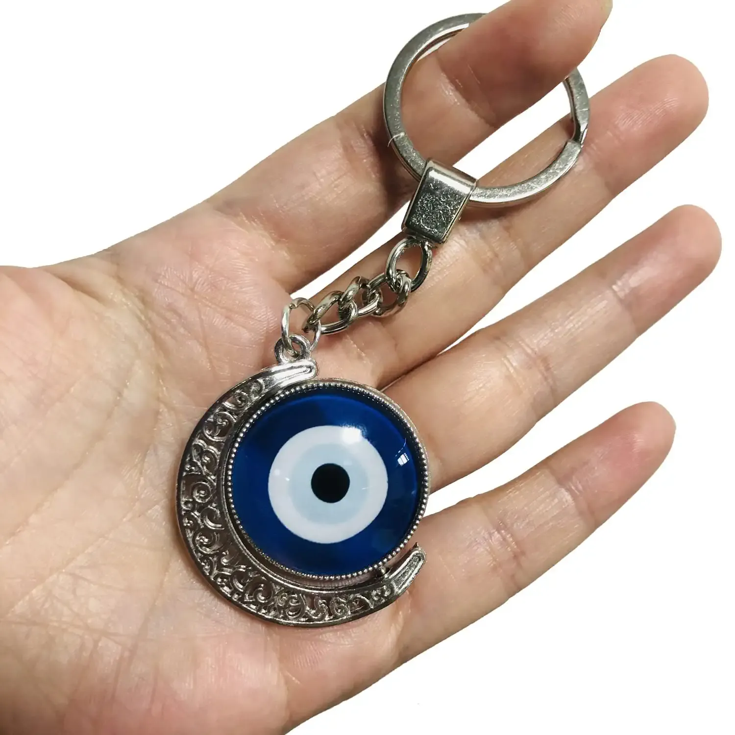 3ml creative evil eye keychain rotatable design evil eye with moon key ring handcraft key holder good luck key chain devil blue eye bag pendant