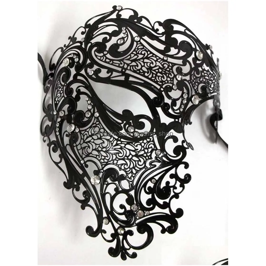 party masks fashion cosplay halloween mask black silver rhinestone phantom metal filigree venetian party mask gold red half face mask