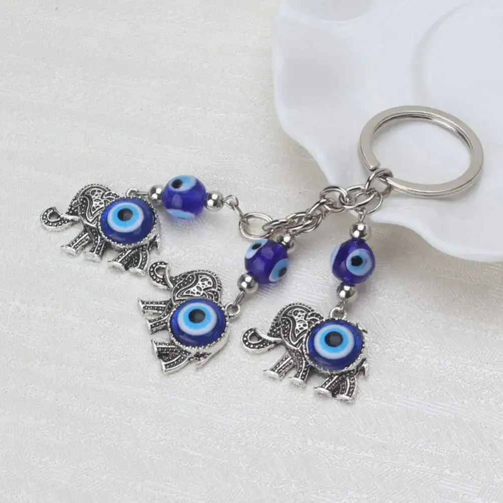 3ml lucky evil eye keychain car hanging ornament silver elephant with blue eye pendant black resin evil eyes beads key chain for rear view mirror accessories backpack purse charms 12x3cm