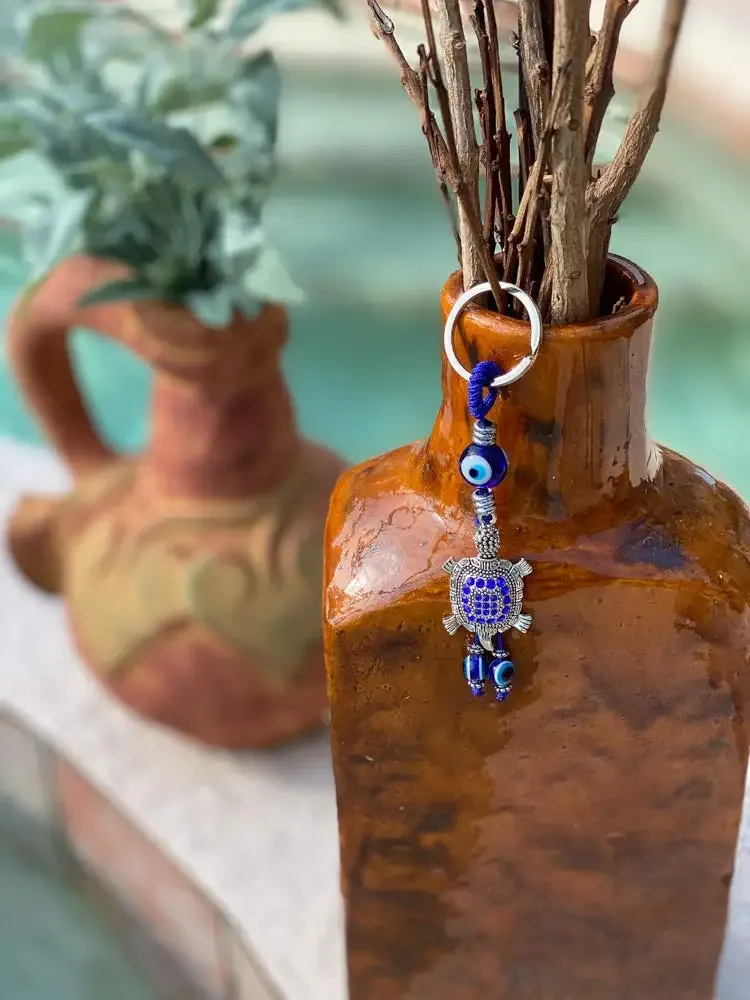 3ml luckboostium lucky turtle w/blue crystal evil eye keychain ring charm sign for harmony and balance home bags car rear view mirror hanging accessories gift for men women 1.5 x 5