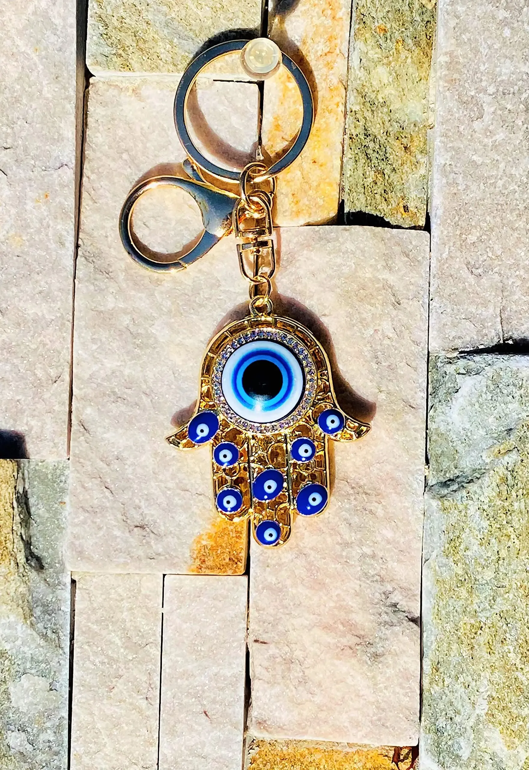 3ml hamsa hand amulet pendant w/crystal rhinestones blue white black evil eye keychain rear view mirror accessories door wall bag lucky charms gold hamsa