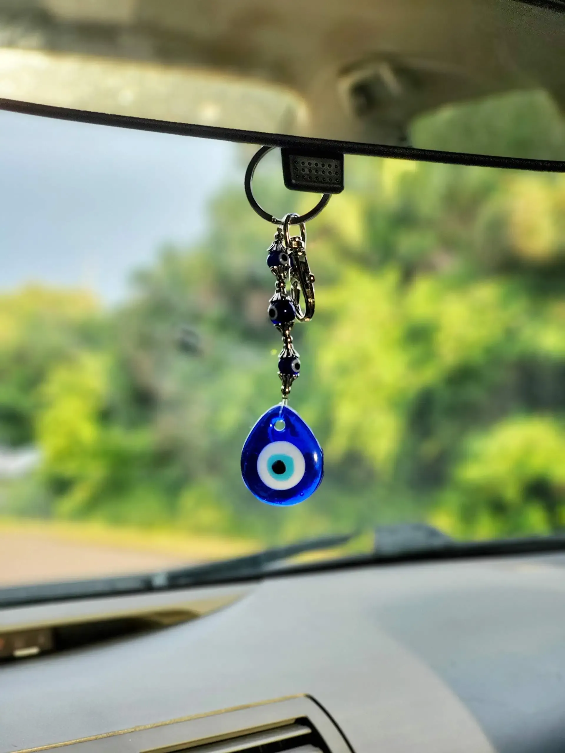 3ml lucky blue glass evil eye keychain ring w/ 3 bead evil eyes sign of good luck and protection home keys purse bags and rear view mirror hanging accessories gift for men women