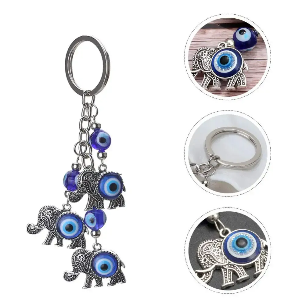 3ml lucky evil eye keychain car hanging ornament silver elephant with blue eye pendant black resin evil eyes beads key chain for rear view mirror accessories backpack purse charms 12x3cm