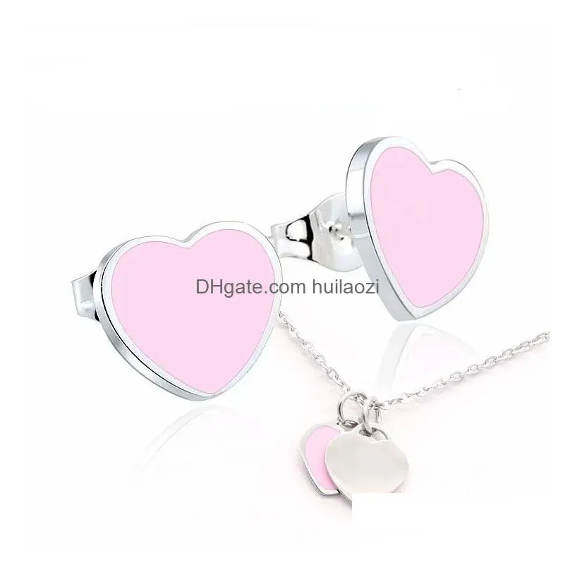 vintage enamel pink green heart charms necklace and earring jewelry set pendant women men chain stainless jewellry sets
