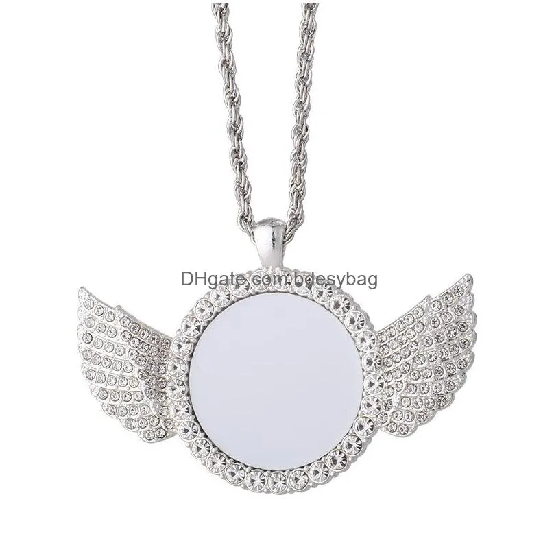 party favor sublimation necklace blank angel wings heat transfer metal pendant diamond necklace