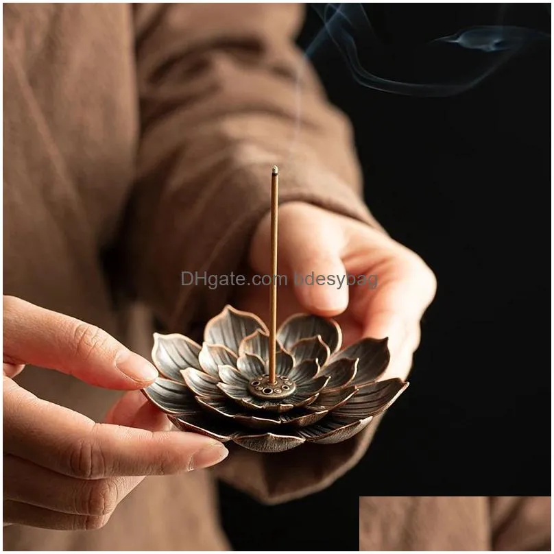 fragrance lamps incense burner reflux stick incense holder home buddhism decoration coil censer with lotus flower shape bronze / copper zen