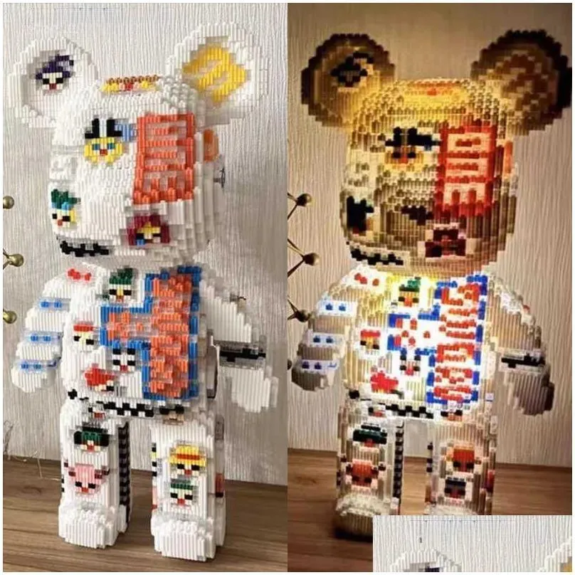 blocks cartoon mini love violent bear bearbrick colour model with light building block micro diamond bricks kids toys birthday gift set