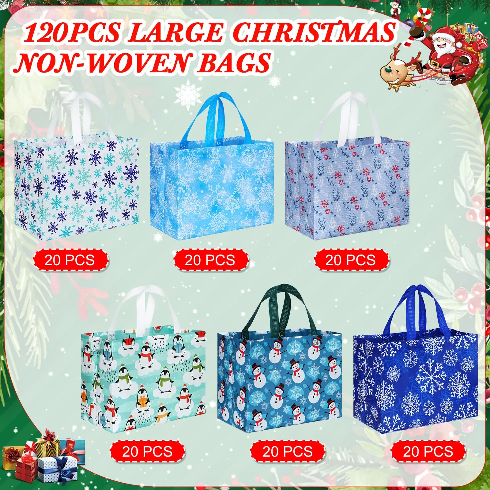 christmas gift bags tote bags bulk christmas non woven treat bags with handle 12.8 x 9.8 x 6.7 in winter