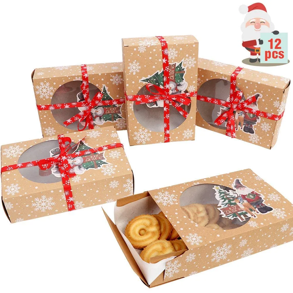 christmas cookie gift boxes treat boxes for holiday gift giving and christmas party supplies christmas kraft paper food bakery boxes with clear window oilpaper and ribbons