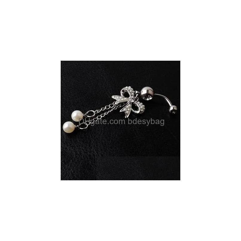 Navel & Bell Button Rings D0564 2 Colors The Bowknot With Pearl Style Belly Button Navel Rings Piercing Body Jewelry Mix Drop Delivery Dhkl2