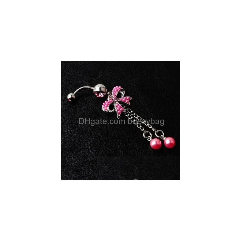 Navel & Bell Button Rings D0564 2 Colors The Bowknot With Pearl Style Belly Button Navel Rings Piercing Body Jewelry Mix Drop Delivery Dhkl2