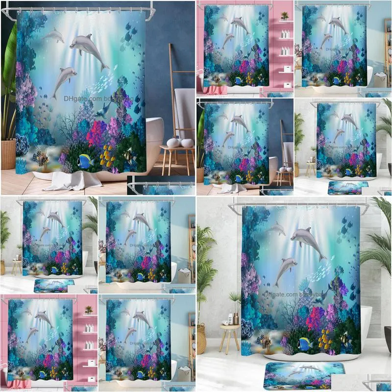 180x180cm polyester waterproof mildew shower curtain ocean scenery animal  digital printing bathroom shower curtains set