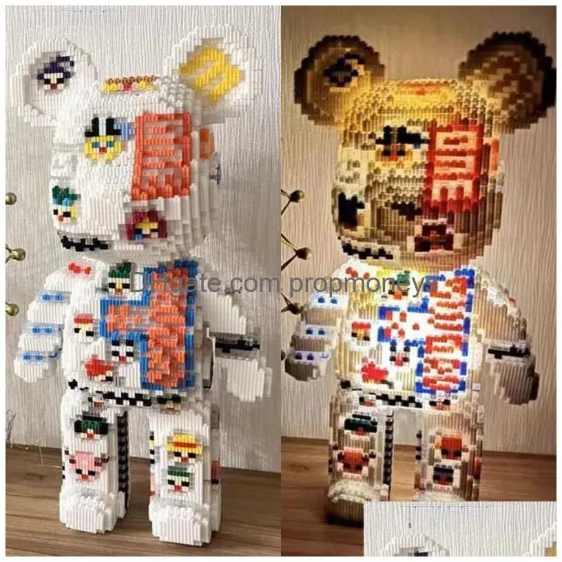 Blocks Blocks Cartoon Mini Love Violent Bear Bearbrick Colour Model With Light Building Block Micro Diamond Bricks Kids Toys Birthday Dhcak