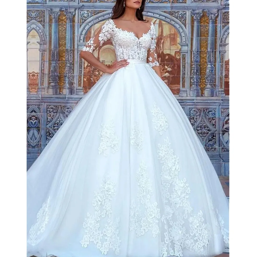 Tulle Bateau Neckline Ball Gown Wedding Dresses With Beaded 3D Flowers Lace Appliques Bridal Wedding Gowns Half Sleeves Mermaid Wedding Dresses Vestidos De Novia