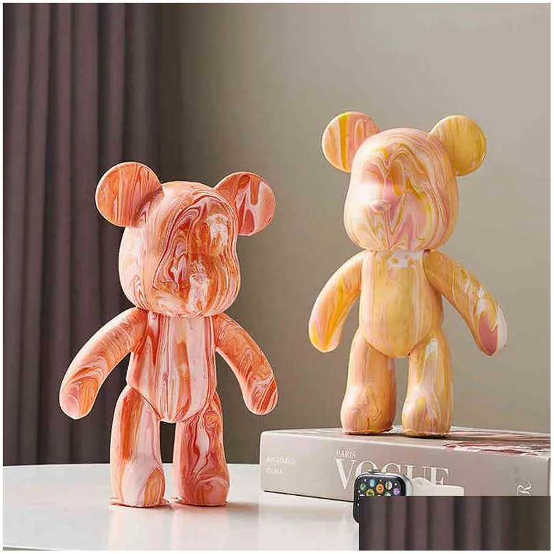 diy fluid dyed bear statue resin nordic home living room decor figurines for interior desk accessories kawaii room decoration t220730