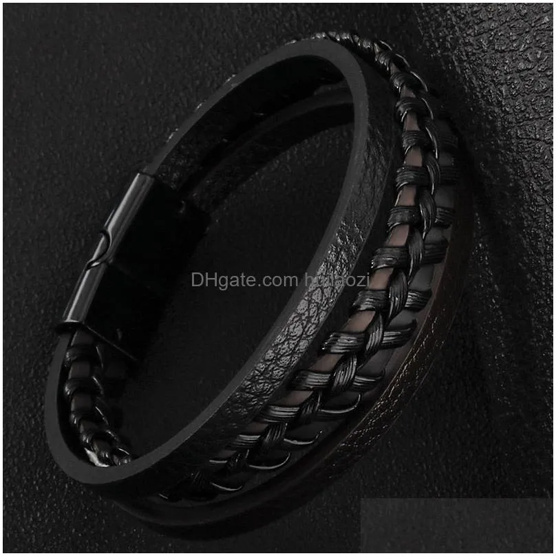 pu leather bracelet bangle cuff black multilayer braided magnetic clasp button bracelets for men fashion jewelry