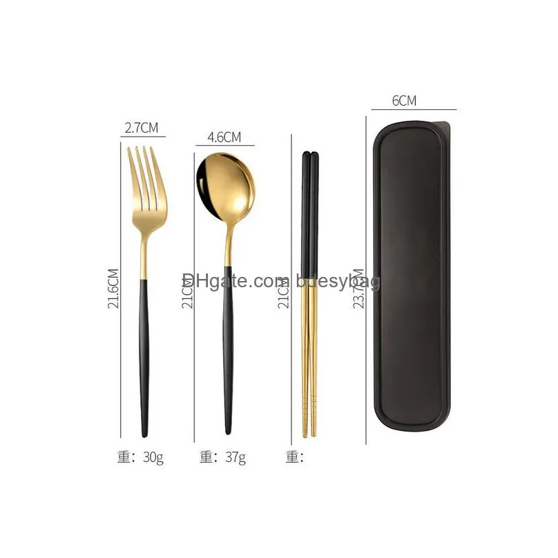 3pcs/set cutlery with box holder dinnerware 304 stainless steel spoon fork chopsticks set travel tableware kitchen accessories