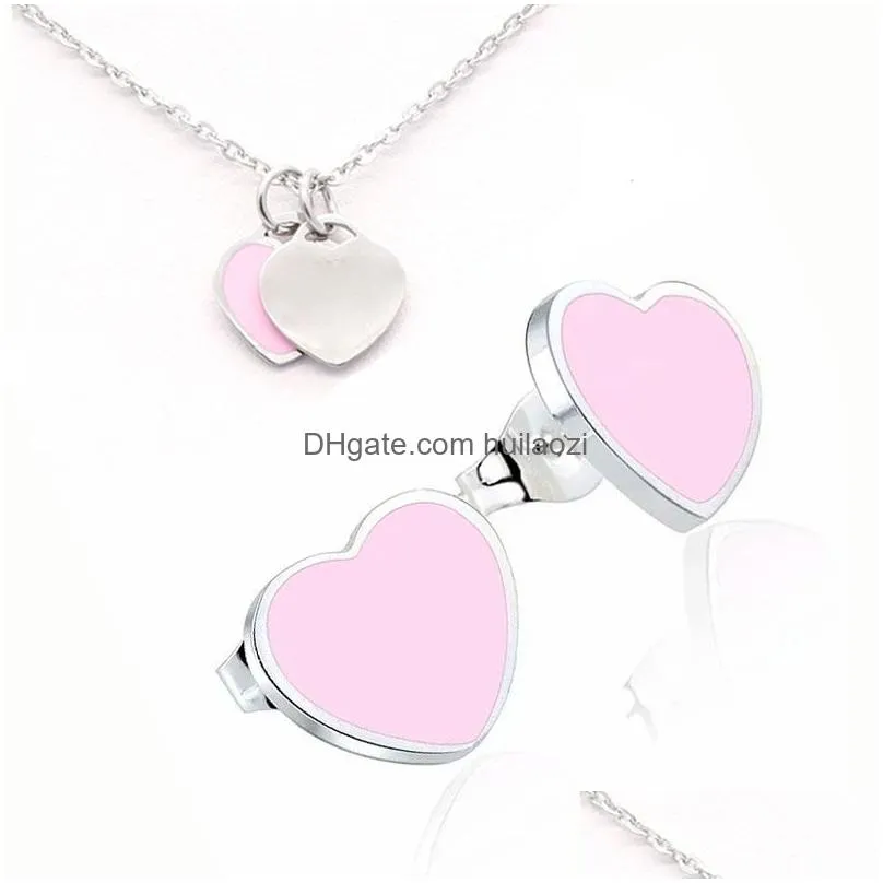 vintage enamel pink green heart charms necklace and earring jewelry set pendant women men chain stainless jewellry sets