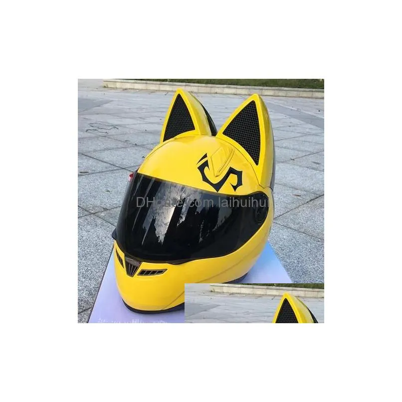 nitrinos motorcycle helmet full face with cat ears yellow color personality cat helmet fashion motorbike helmet size m /l/xl /xxl