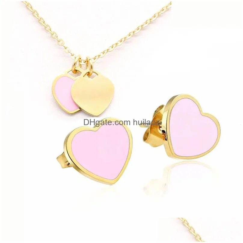 vintage enamel pink green heart charms necklace and earring jewelry set pendant women men chain stainless jewellry sets