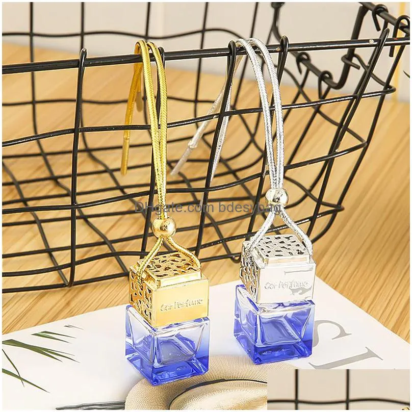 cube hollow car perfume bottle rearview ornament hanging air freshener for essential oils diffuser fragrance empty glass bottle