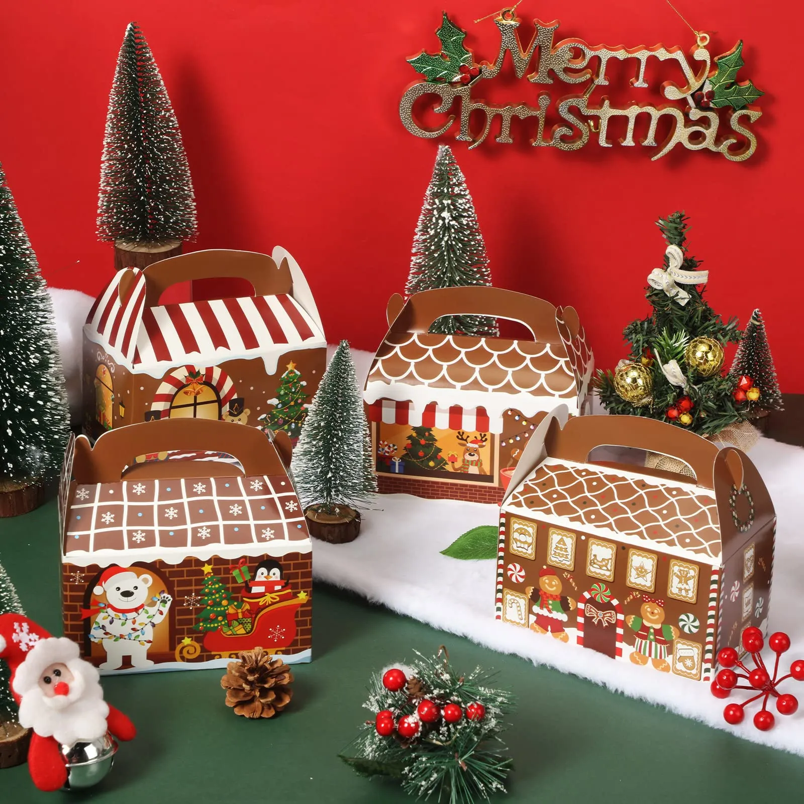 christmas treat boxes 3d gingerbread house cardboard cookie goody gable candy bags with handles xmas paper gift boxes for holiday christmas party favor supplies 6 x 3.5 x 3.5 inch