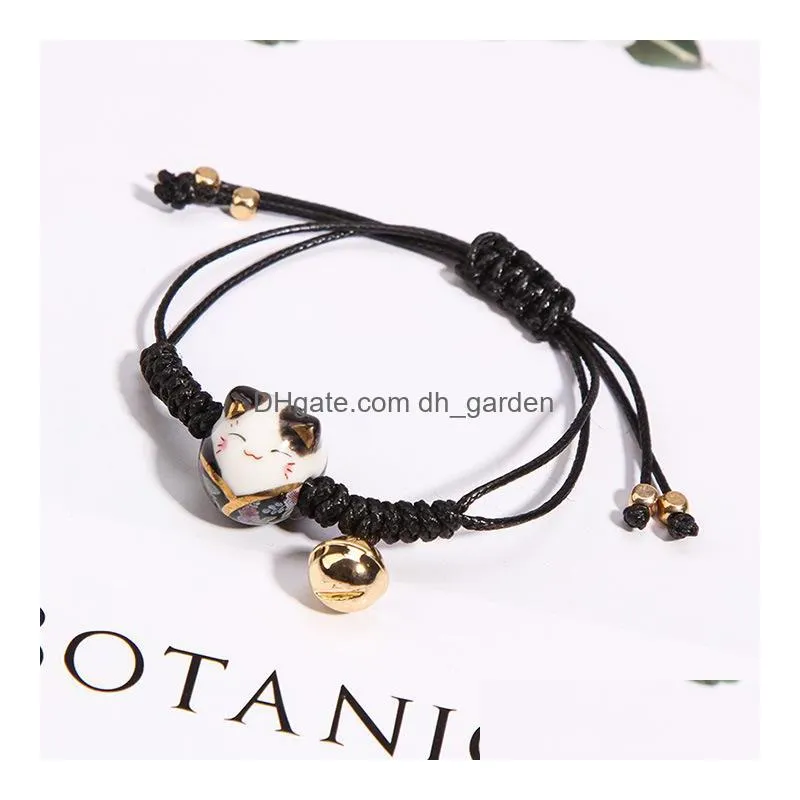 ceramic lucky cat bell chain bracelet female student girlfriends handwoven red colors rope bangle