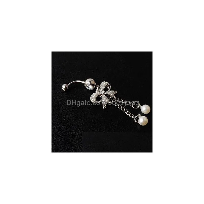 Navel & Bell Button Rings D0564 2 Colors The Bowknot With Pearl Style Belly Button Navel Rings Piercing Body Jewelry Mix Drop Delivery Dhkl2
