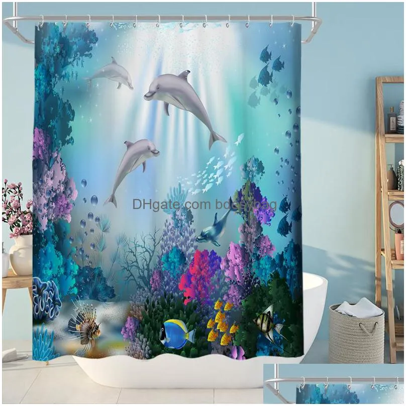 180x180cm polyester waterproof mildew shower curtain ocean scenery animal  digital printing bathroom shower curtains set