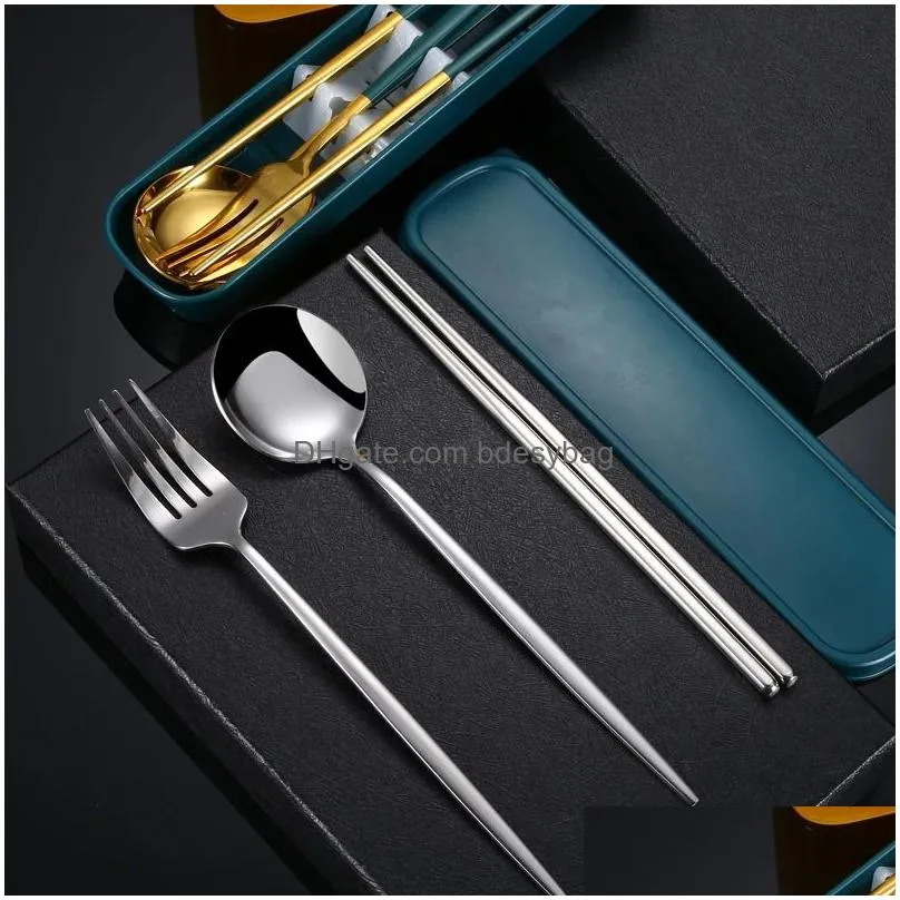 3pcs/set cutlery with box holder dinnerware 304 stainless steel spoon fork chopsticks set travel tableware kitchen accessories