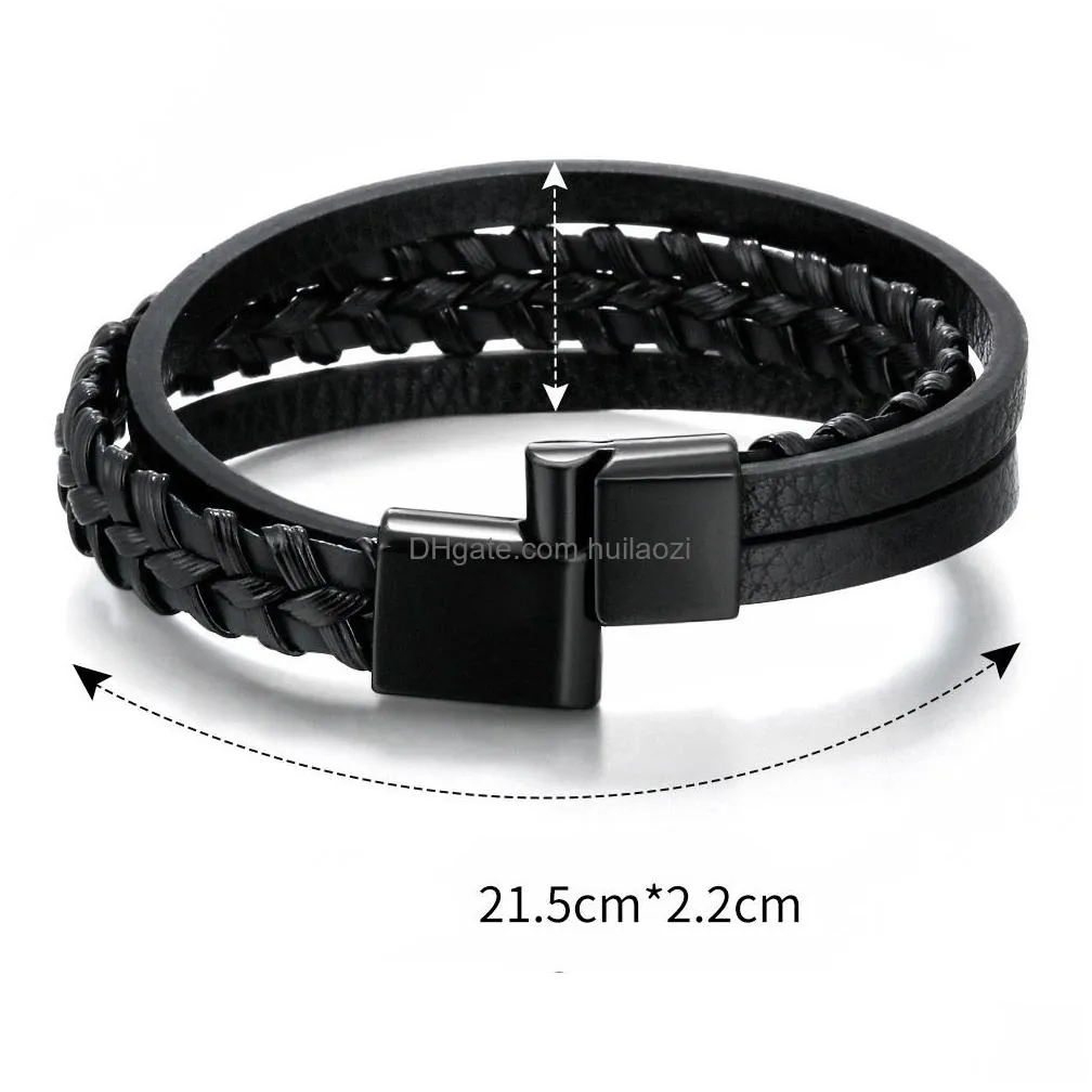 pu leather bracelet bangle cuff black multilayer braided magnetic clasp button bracelets for men fashion jewelry