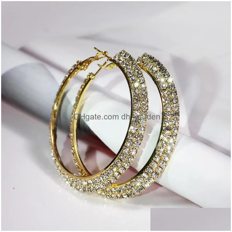 womens large big dangle earrings shiny double row diamonds silver color circle hoop earrings bridal jewellery
