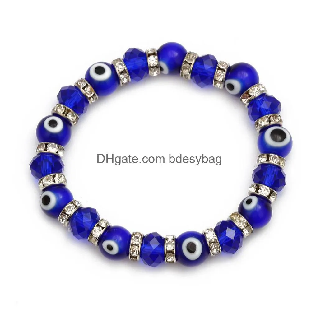 Beaded 20Pcs Fashion Blue Turkish Evil Eye Charm Strands Bracelets Glass Crystal Beads Bracelet For Women Girls Elastic Handmade Jewel Dh9X4