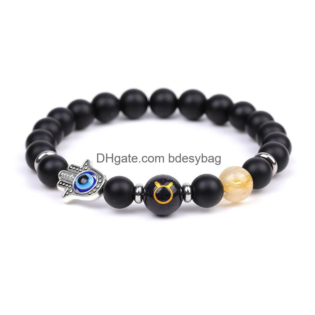 Charm Bracelets Evil Eye Twee Constellations Bracelet 8Mm Matted Black Rose Quartz Amethyst Tigers Agate Men Women Yoga Healing Nce Dr Dhgkw