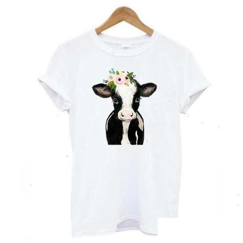 summer fashion tee shirt femme funny cow with flower animal lover farm t women tops