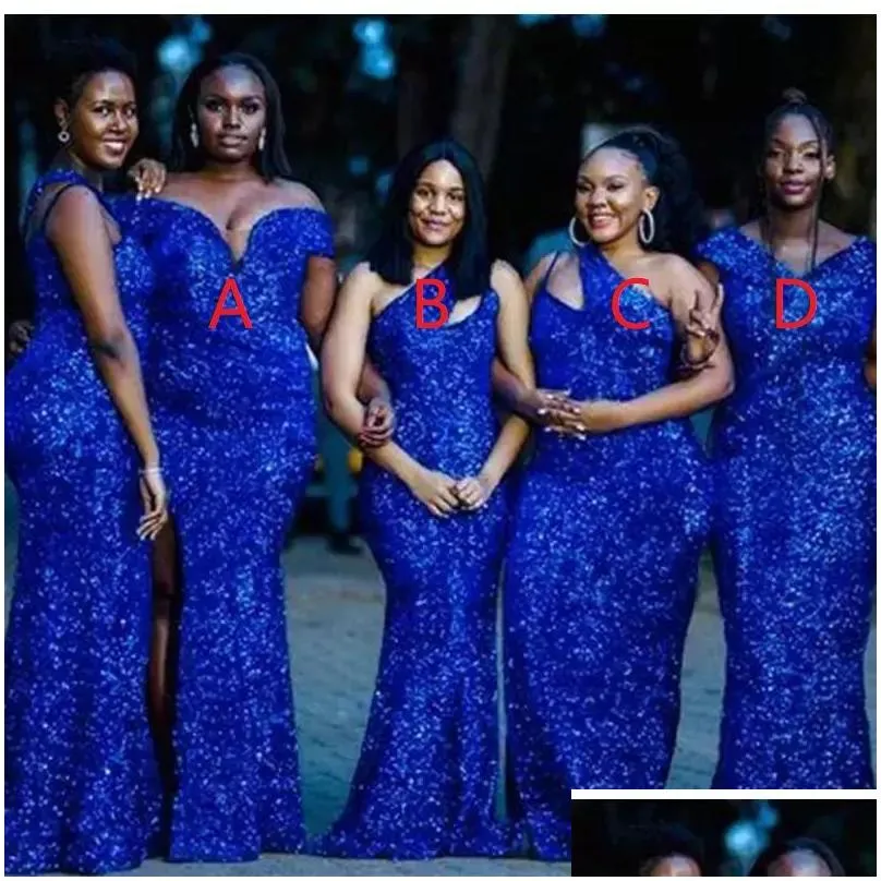 royal blue sequins bridesmaid dresses 2022 mermaid floor length satin one shoulder custom made plus size maid of honor gown country beach wedding party wear