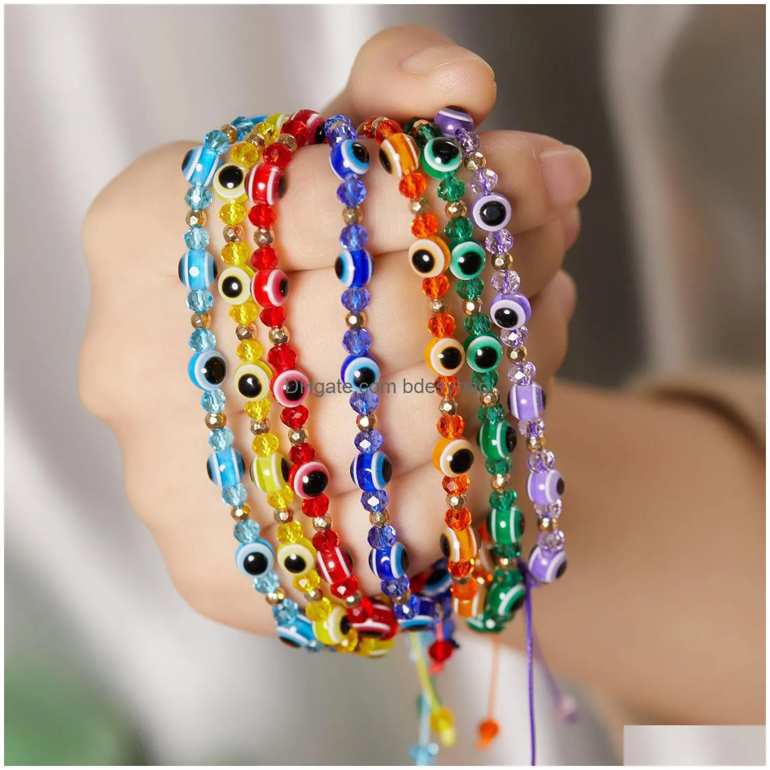 Beaded Fashion Rainbow Crystal Beads Evil Blue Eye Strands Bracelet For Couple Men Women Adjust Rope Luck Friends Hand Braid Jewelry D Dhvg1