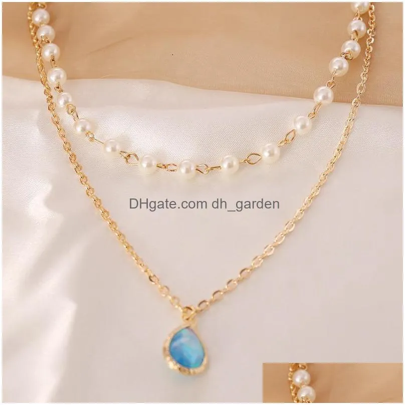 elegant imitation pearl water drop semiprecious stone pendant necklace women vintage geometric clavicle necklaces jewelry gift