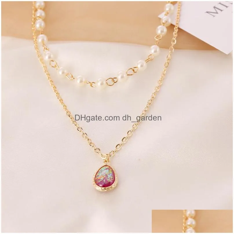 elegant imitation pearl water drop semiprecious stone pendant necklace women vintage geometric clavicle necklaces jewelry gift