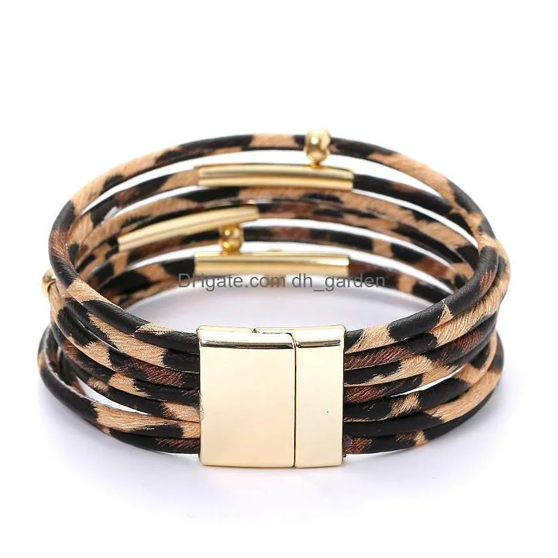 2020 leopard leather bracelets for women multilayer pu leather wide wrap bracelet wristband cuff bangle with magnetic buckle jewelry