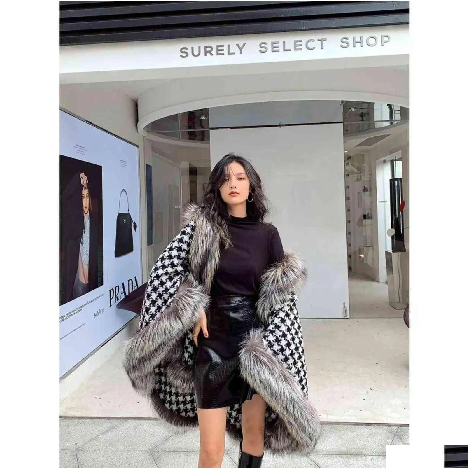 silver fox fur coat winter women shawl houndstooth cape in stock faux fur cloaks jacket for evening party x1106