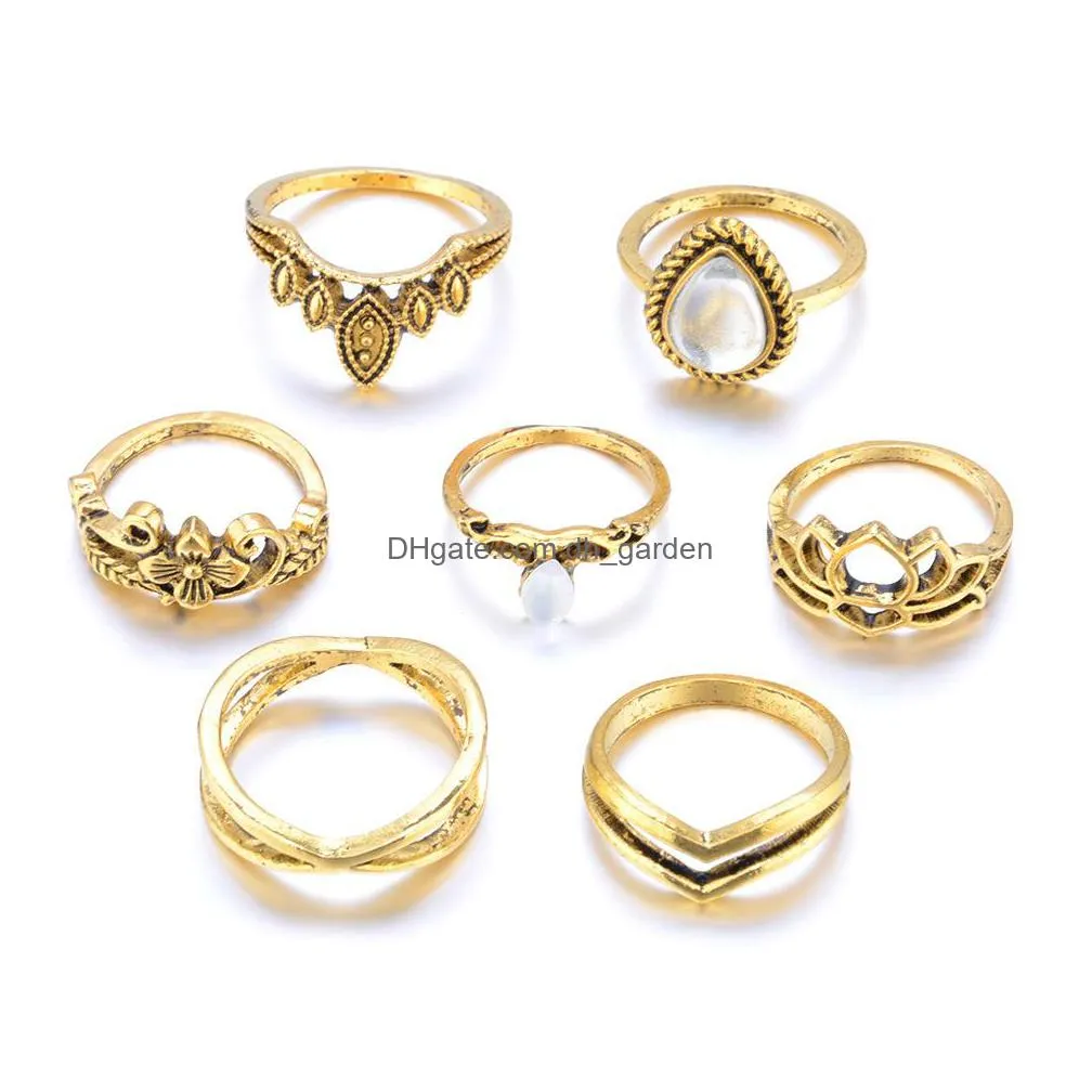 7pcs set vintage hollow carved flower rhinestone ring for women men party accessories finger rings gold silver color
