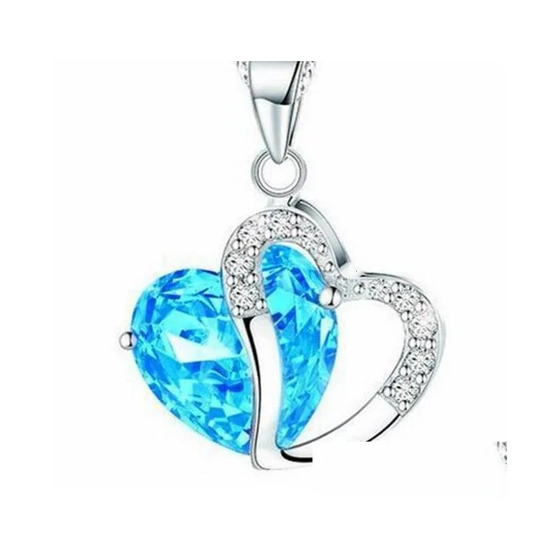 women fashion heart crystal rhinestone silver chain pendant necklace jewelry 10 color length 17.7 inch