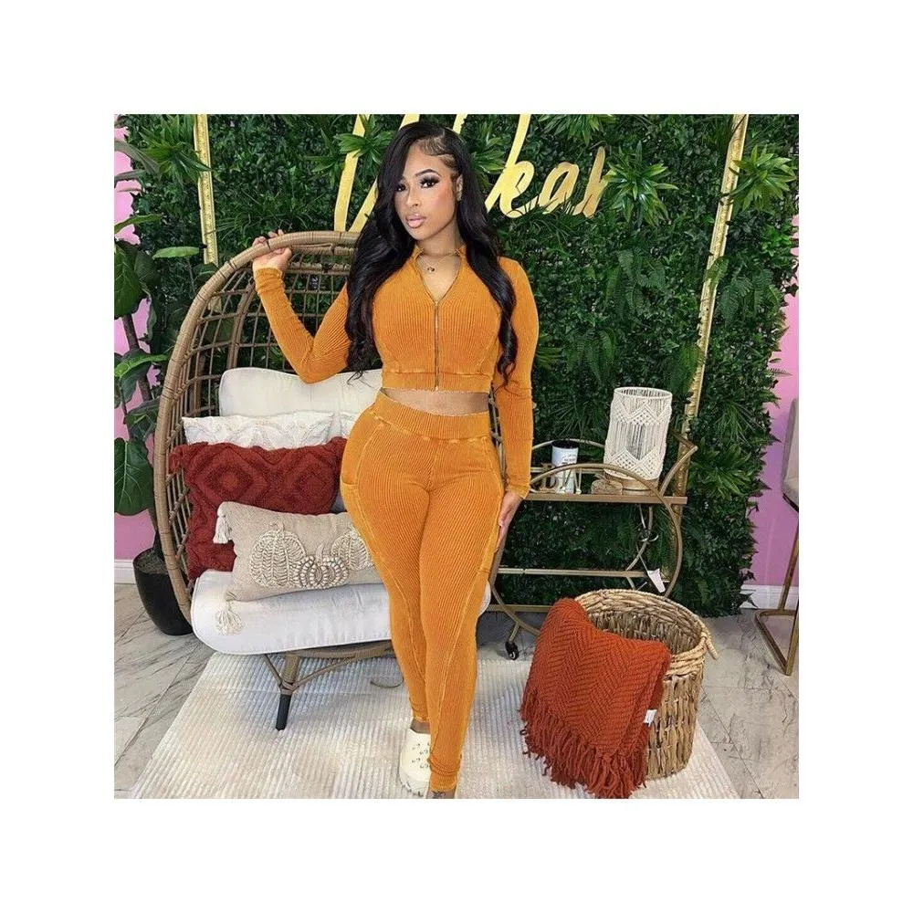 solid zipper long sleeve cropped trouser sets