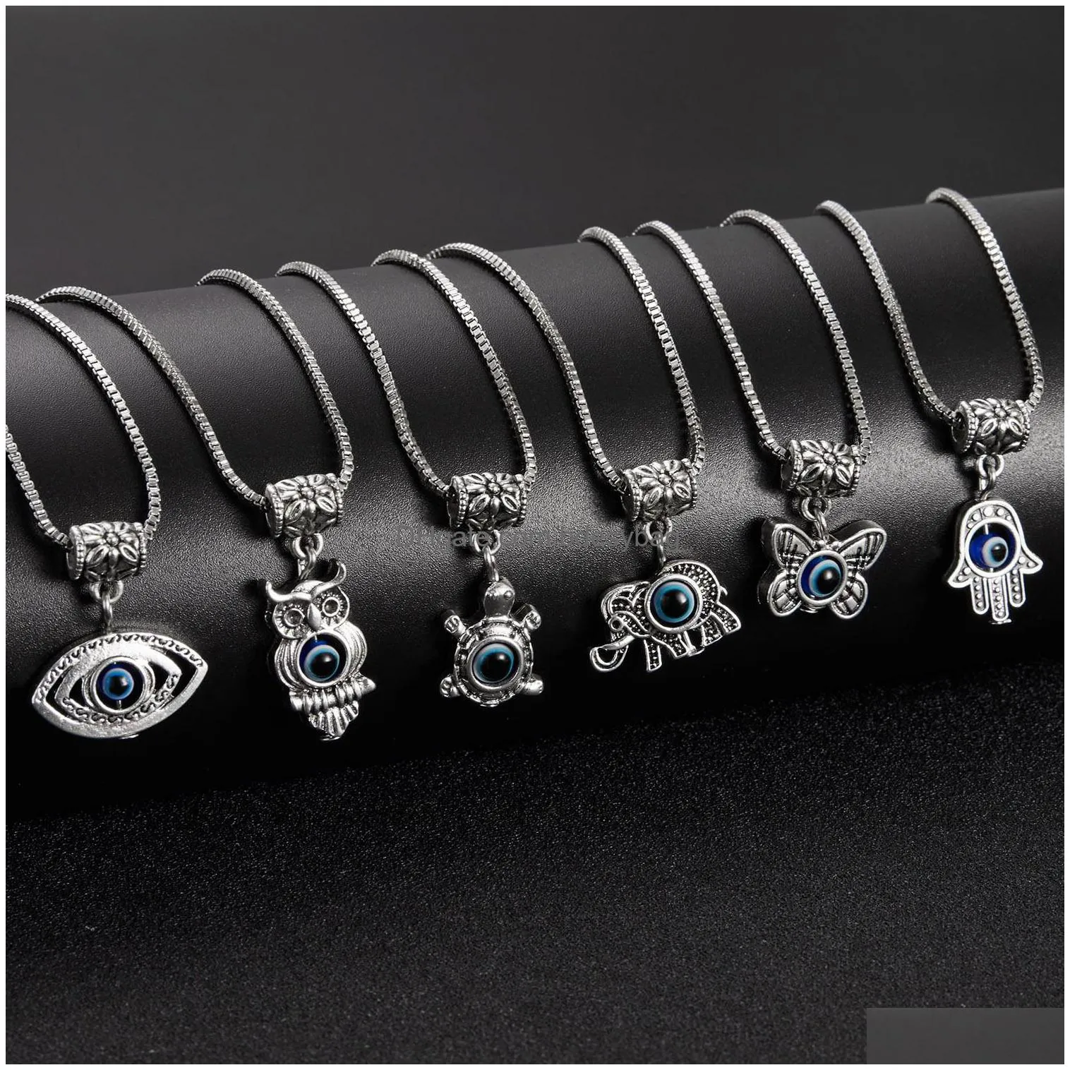 Pendant Necklaces 2022 Charm Turkish Jewelry Evil Blue Eye Butterfly Turtle Owl Palm Necklace For Women Men Pendant Clavicle Chain Cho Dh1Kt
