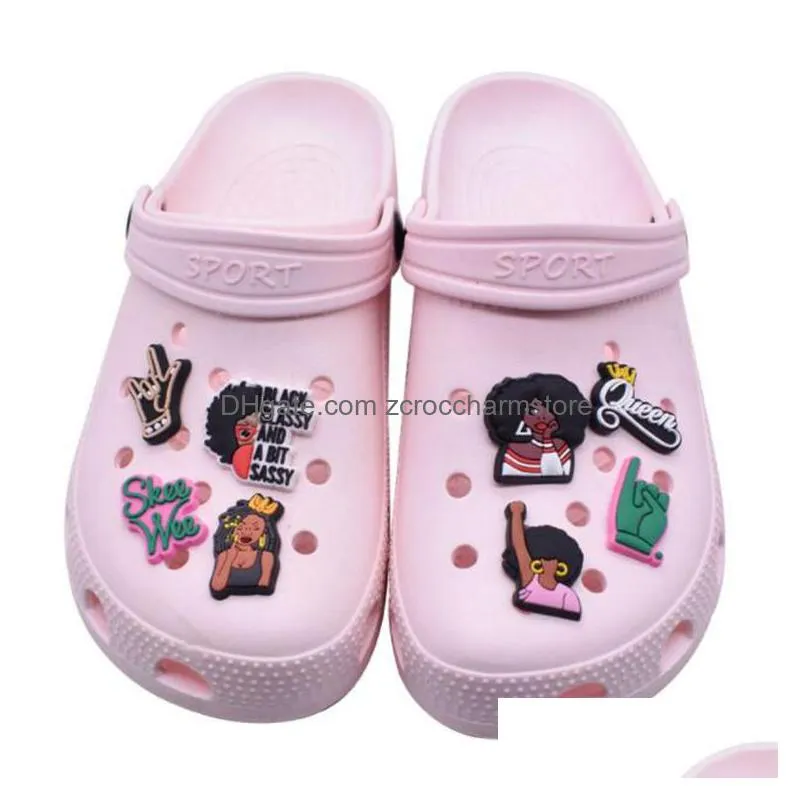 fast delivery shoe charms latest model soft pvc black girl magic luxury croc charms shoes decoration